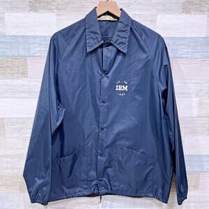 Vintage 80s IBM Employee Windbreaker Rain Jacket Navy Blue Snap Button Mens XL